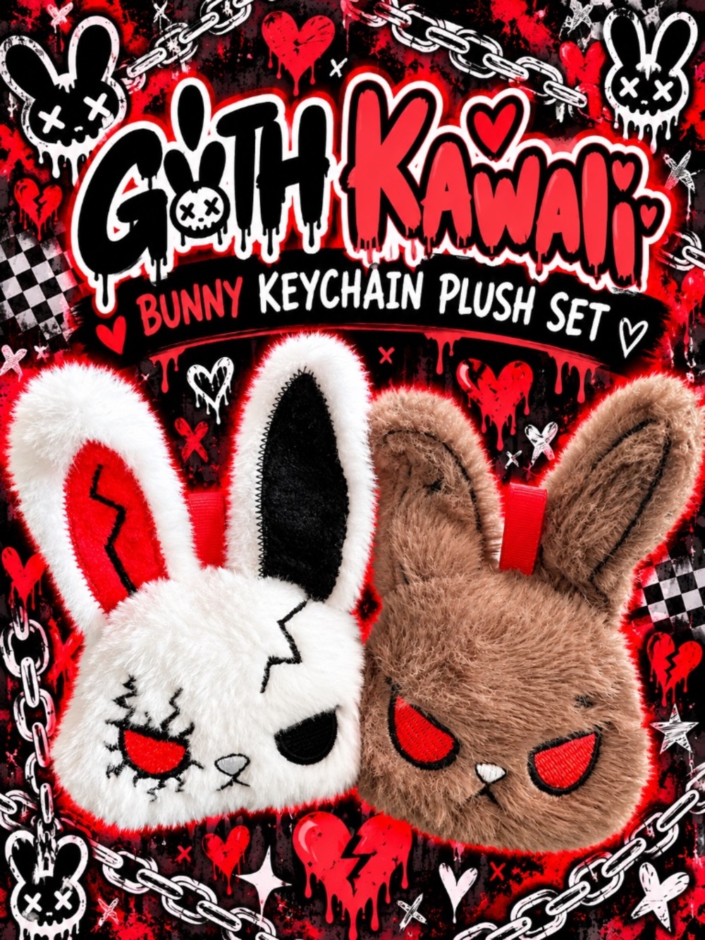 Goth Kawaii Bunny Keychain Plush Set – Poseable Ears 🖤🐰